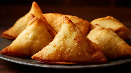Golden brown, crispy triangular samosas piled high on a dark plate, a popular Indian snack or appetizer.