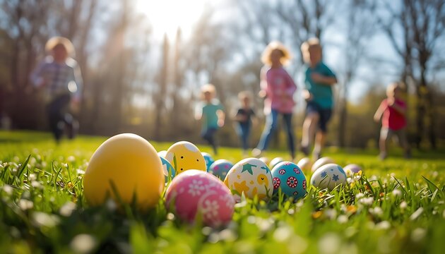Easter Eggs in Sharp Focus with Kids Running in Background, Joyful Spring Daylight, Lifestyle Scene
