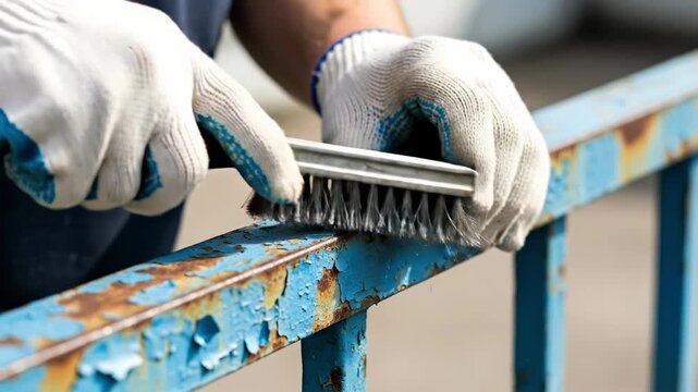 Manual Labor Scrubbing Rust from Metal Railings - Industrial Maintenance Cleaning Tools