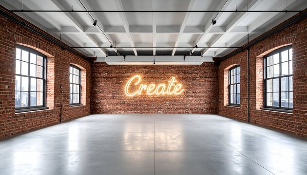 Modern industrial loft space with red brick walls and a glowing neon create sign on a polished concrete floor with windows