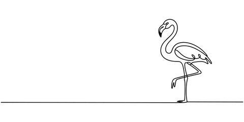 Flamingo bird in continuous one line art drawing. Vector illustration isolated. Minimalist design handdrawn, Continuous line drawing of flamingo bird. One line of flamingo bird. Exsotic bird concept. © Tania