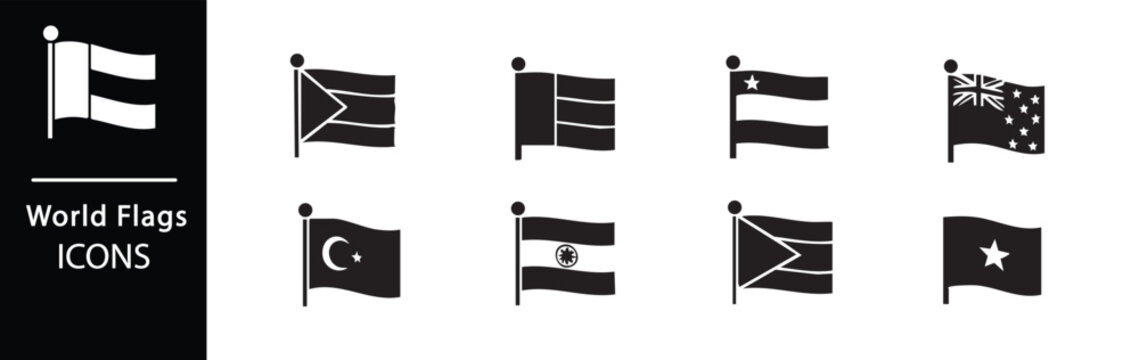 A collection of world flags icons in black and white