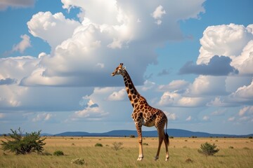 A majestic giraffe stands gracefully in an open savanna landscape, under a bright blue sky filled with fluffy clouds.