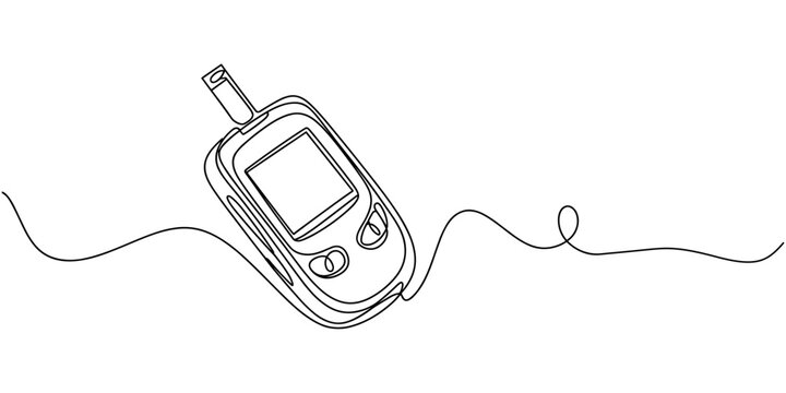 One continuous line drawing of Blood glucose meter test illustration. glucometer pharmacy equipment outline, Continuous single line drawing of a glucometer for monitoring blood sugar. Minimal editable