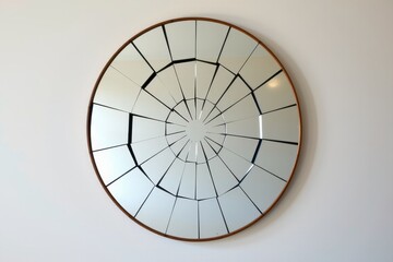 A modern, circular mirror composed of various angled pieces, creating a geometric pattern that reflects light and enhances interior decor.