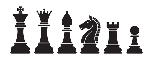 Set of black chess icons with white highlights including king queen bishop knight rook and pawn vector flat style © MSTGIRATUN