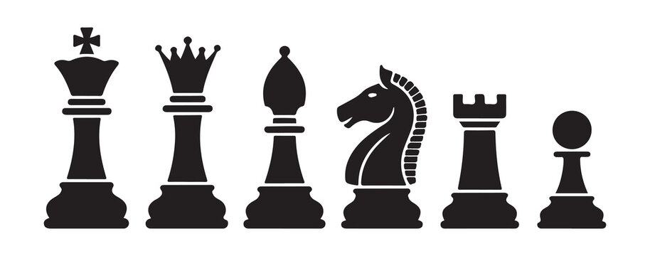 Set of black chess icons with white highlights including king queen bishop knight rook and pawn vector flat style