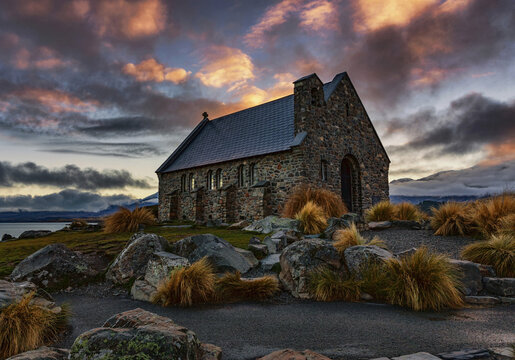 Moody sunrise at Church of the Good Shepherd, Lake Tekapo