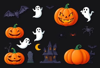 Spooky Halloween icons set featuring pumpkins, bats, ghosts, spiders, haunted houses, and tombstones on a dark background,  spider,  vintage