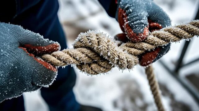Skilled Hands Tying a Frosty Rope Knot in Winter Environment