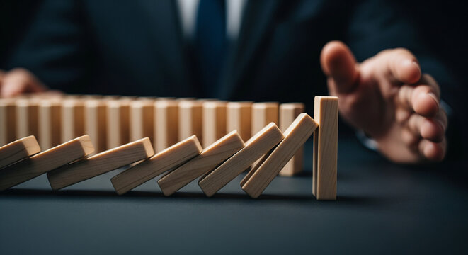 Preventing the Cascade: A man's hand strategically prevents a chain reaction of wooden blocks from collapsing, symbolizing control and risk management in a challenging scenario.