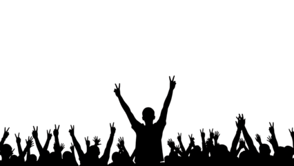 White line of a crowd of people with raised hands showing peace signs isolated on a transparent background