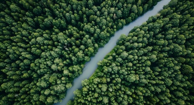 Aerial view of a river flowing through a dense green forest