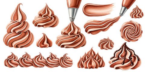 チョコレートホイップクリームを絞り袋で絞る製菓工程イラスト素材 デザートデコレーションセット