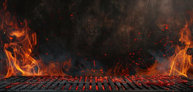 Barbecue Grill - Embers With Flames And Abstract Sparks - Grid And Fire On Charcoal In Black Background