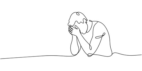 Man in depression, stressed, headache and despair continuous one line drawing. Single line art illustration of confusing and stressed person. Editable vector, Continuous line drawings of a young man. © Tania