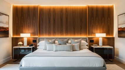 Modern bedroom with wooden accent wall