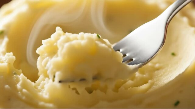 Steaming mashed potatoes stirred with fork highlighting delicious comfort food mood