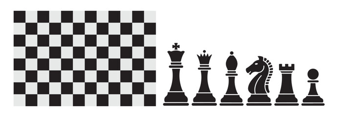 Set of black chess pieces with two distinct styles along with a classic chessboard on white background © MSTGIRATUN