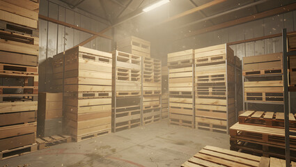 A warehouse corner filled with pallets and dust