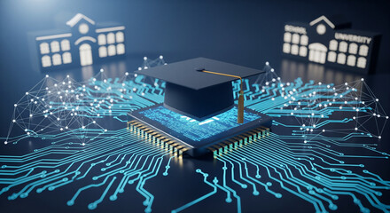 Digital Education: A conceptual image depicts a graduation cap atop a computer chip, encircled by a network of illuminated circuits, symbolizing the convergence of education and technology.