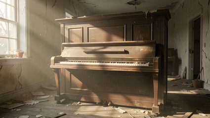 A weathered piano in an abandoned house sunlight cutting through dust