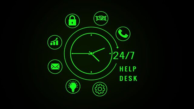 A vivid green line showcases a central clock face surrounded by eight representing 24/7 customer service on a dark, almost black, background with the text 24/7CUSTOMERSERVICE