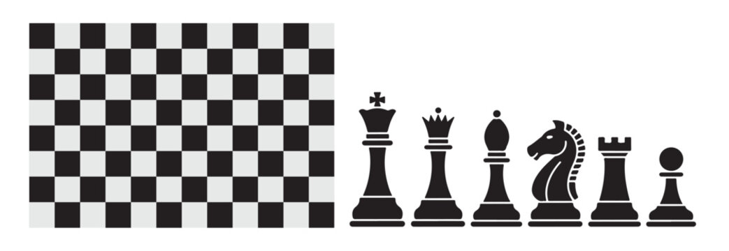 Set of black chess pieces with two distinct styles along with a classic chessboard on white background
