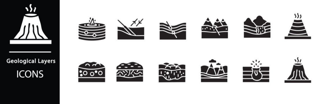 A collection of black and white geological layers icons on a white background