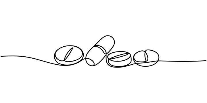 Continuous one line drawing of tablets and capsules pharmaceutical drugs, medical supplies, Single line drawing medicine pill icon. one line Icon drawing with white background