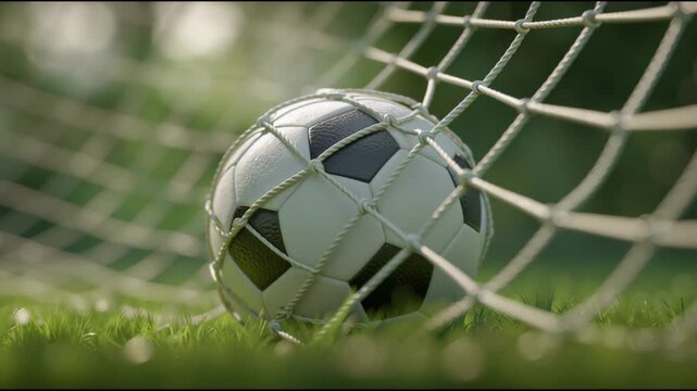Dynamic football in net close-up