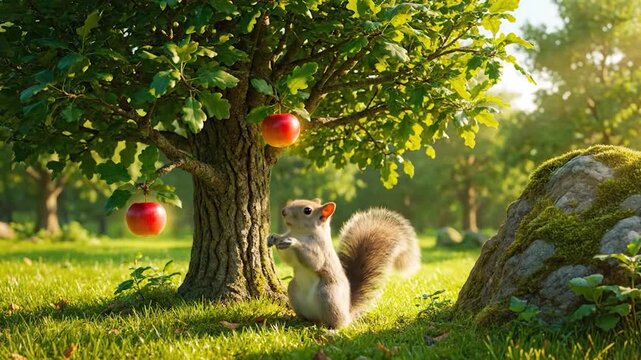 A furry squirrel by a sturdy tree with red apples in an orchard, sunlight dappling the scene