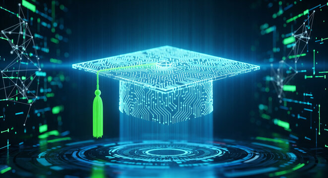 Digital Education: A futuristic representation of education unfolds, with a luminous graduation cap crafted from intricate digital circuits, symbolizing the fusion of knowledge and technology.