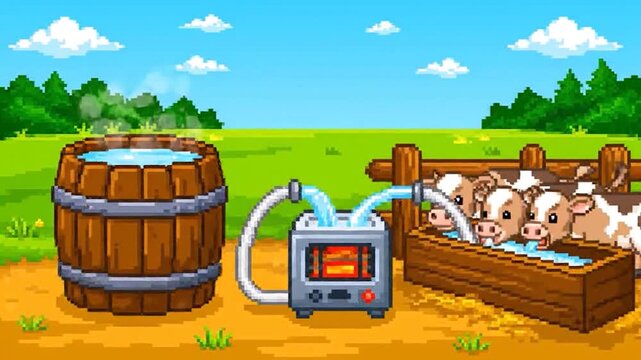 Pixelated scene depicts wooden tub, cows, field, blue sky, and a heating system for water