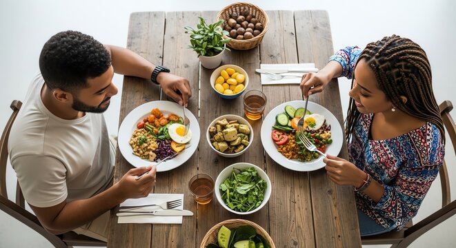 Couple eating healthy meal at wooden table
