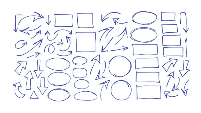 Hand drawn doodle arrows and frames set, sketch style direction pointers collection, curved and straight navigation symbols, line art vector elements for infographic, presentation, web design and UI