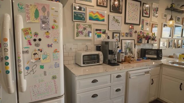 Kitchen Interior: A bright and inviting kitchen showcases a creative space adorned with artwork and essential appliances, evoking a sense of warmth and functionality.
