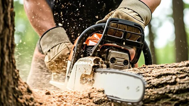 Chainsaw Operator Cutting Tree Log in Forest - Precision Timber Work by Skilled Laborer