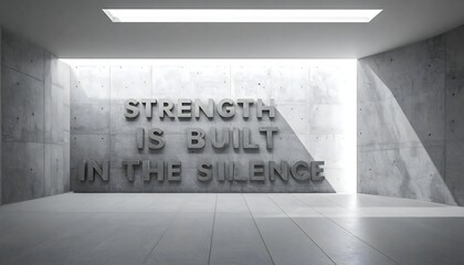 High contrast architectural photograph featuring a massive raw concrete wall with the inspirational quote strength is built in the silence in 3D lettering