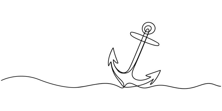 One continuous line drawing of a classic ship anchor intertwined with waves against a white backdrop, concept for nautical logo design, sailing advertisement and marine related branding