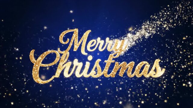 Merry Christmas" in glittery gold script on a dark blue background with sparkling lights and shooting stars