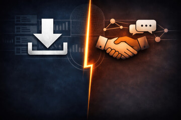 Fototapeta premium File download icon and business handshake with glowing lightning divide showing secure data transfer partnership agreement online communication and digital contract concept on dark background