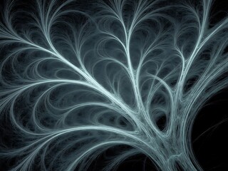 Intricate, glowing, light blue fractal pattern branches outward against a solid black background creating an abstract neural network design.
