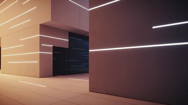 Modern architectural interior with linear lights. Warm and cool tones create dynamic illumination. Cuboid structures