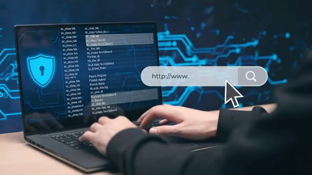 Hands Typing on Laptop with Secure Web Search Interface &ndash; Online Safety, Secure Browsing & Digital Privacy Concept

