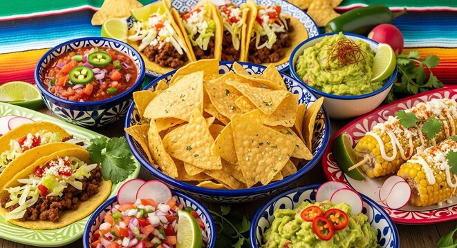 Mexican food spread with chips and toppings
