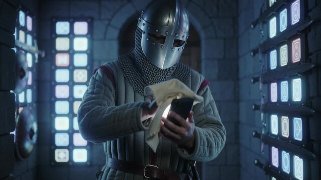 Medieval man in helmet uses glowing smartphone in castle with futuristic sword displays. Past meets future concept for technology paradox.