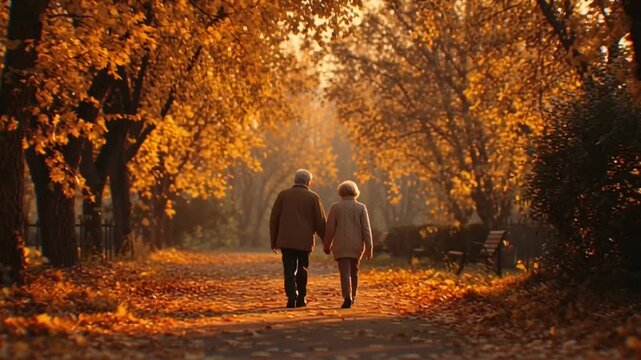Valentine's Day: A heartwarming video of an elderly couple taking a romantic walk through a beautiful autumnal forest with vibrant orange leaves and a serene atmosphere.