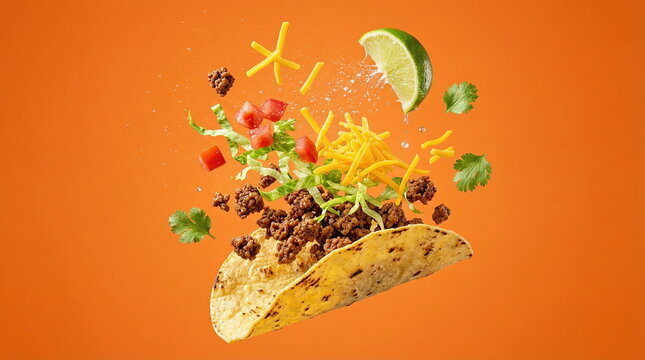 Deconstructed taco with fresh ingredients like seasoned ground beef, cheese, lettuce, tomato, and lime flying against a vibrant orange background, dynamic food photography.