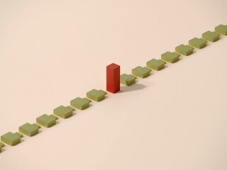 A single red block standing taller among green blocks. Leadership, dominance, and standout success concept.